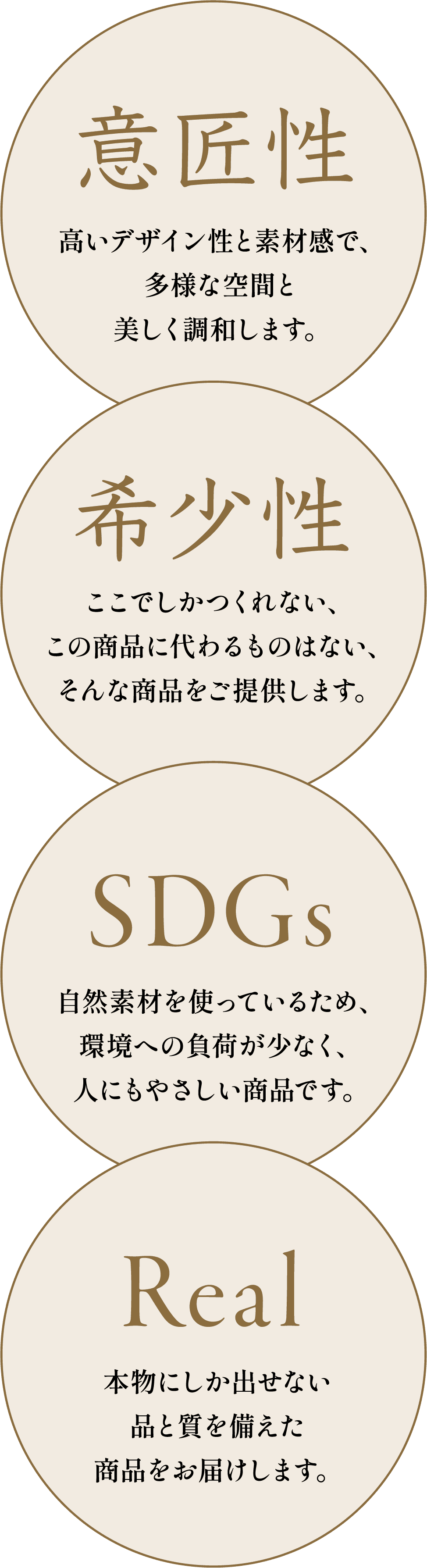 意匠性 高いデザイン性と素材感で、多様な空間と美しく調和します。 希少性 ここでしかつくれない、この商品に代わるものはない、そんな商品をご提供します。SDGs 自然素材を使っているため、環境への負荷が少なく、人にもやさしい商品です。Real 本物にしか出せない品と質を備えた商品をお届けします。